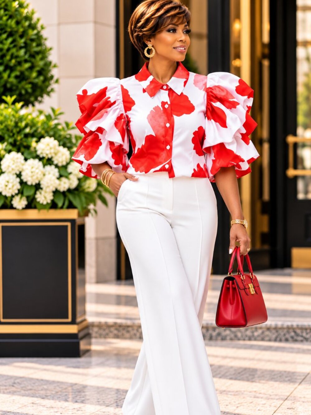 Red Floral Puff Sleeve Blouse – Statement Button-Up Top